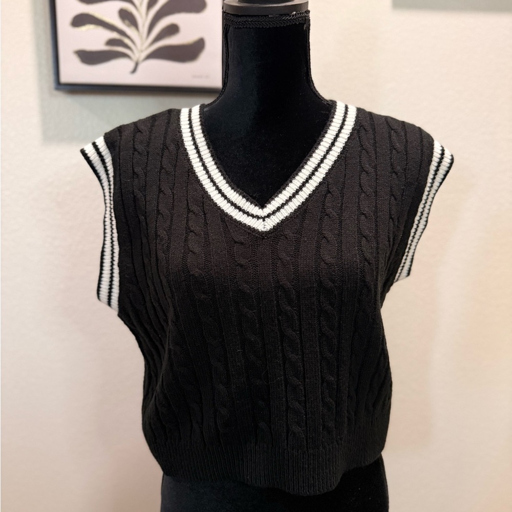 Black V-Neck Cable-Knit Sweater Vest with White Stripe Trim
